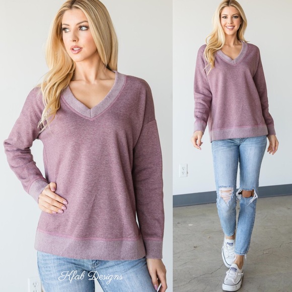 Tops - ❤️LAST 2! V Neck Two Tone Fleece Sweater Top with Side Slits!